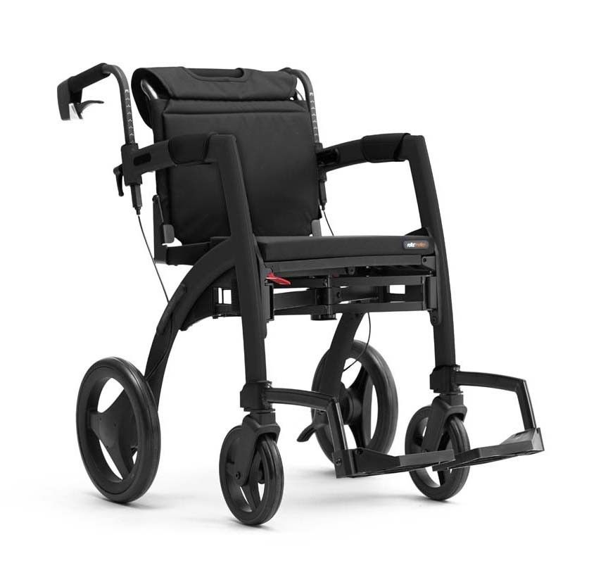 Schwarzer Rollator mit schwarzem Sitz und Rädern. Frontansicht.