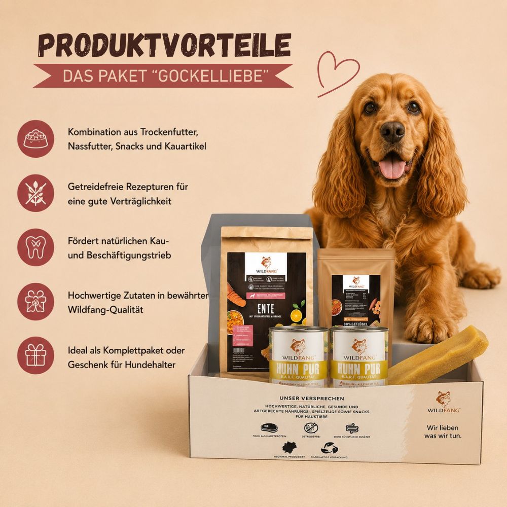 Produktvorteile des "Gockelliebe" Pakets mit Hund und Inhaltsübersicht.