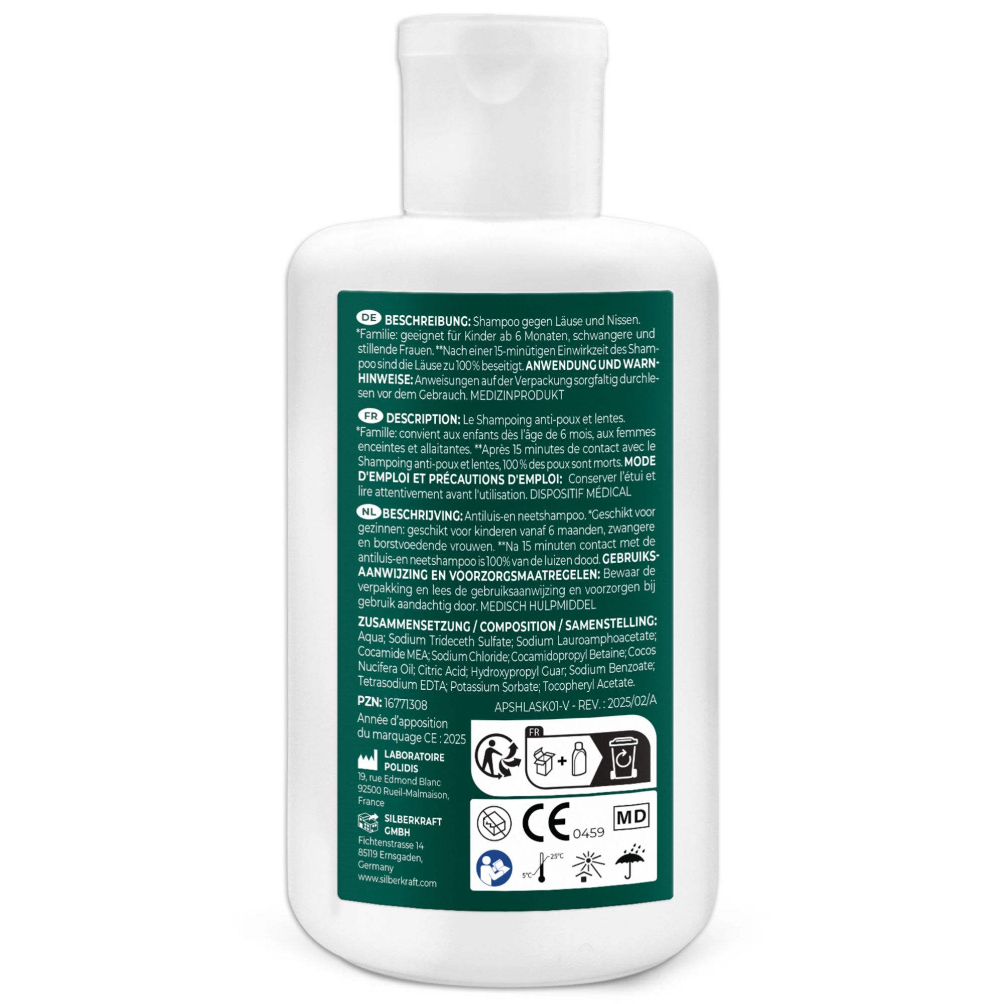 Rückseite einer Shampoo-Flasche. Text: Beschreibung, Zusammensetzung, Anwendungshinweise. Logos: CE, MD, Recycling.