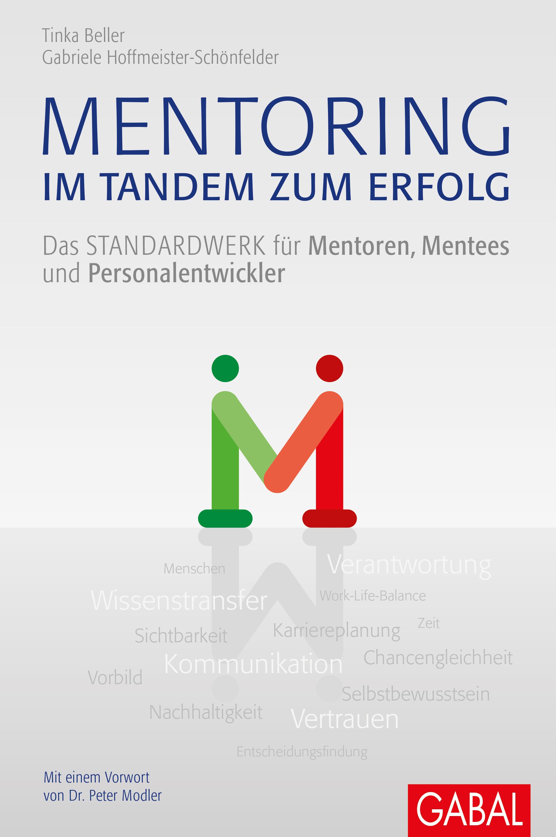 Buchcover mit Titel "Mentoring im Tandem zum Erfolg". Autoren: Tinka Beller, Gabriele Hoffmeister-Schönfelder. Logo: grünes und rotes M.