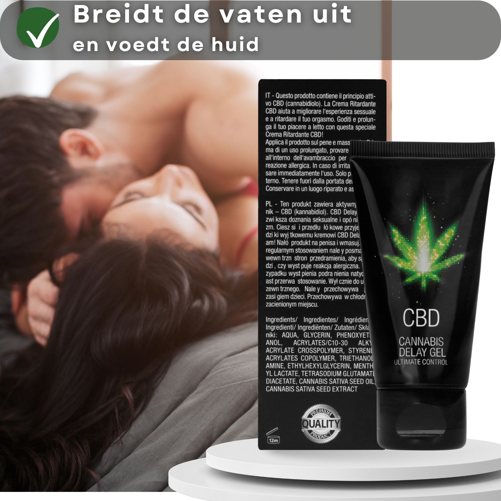 Koppel in bed. Doos en tube CBD-gel. Cannabisblad-logo. Tekst: CBD, Cannabis Delay Gel, Ultimate Control.