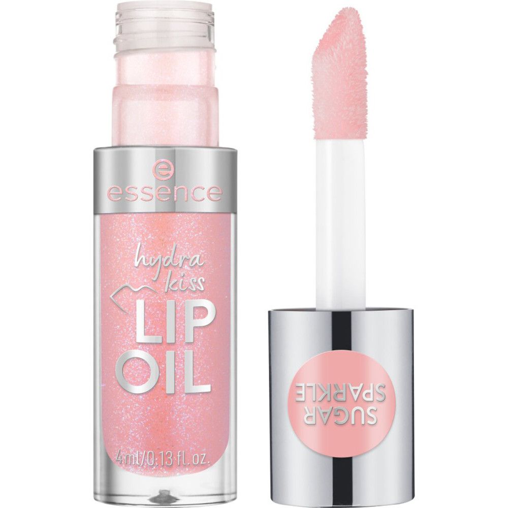 Lippenöl-Flakon mit silbernem Deckel und rosa Inhalt. Applikator sichtbar. Aufschrift: "hydra kiss LIP OIL" und "Sugar Sparkle".