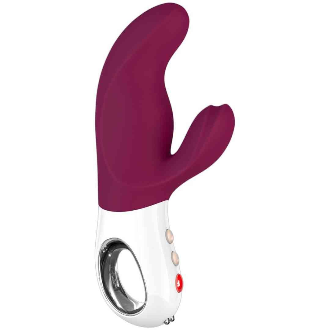 Weiß-lila Vibrator mit gebogener Form. Drei Knöpfe und ein Ring am Griff. 