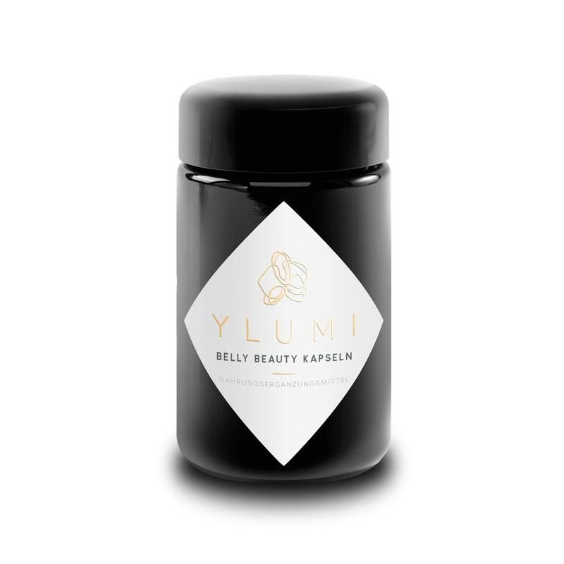 Schwarze Dose mit weißem Etikett. Aufschrift: YLUMI BELLY BEAUTY KAPSELN. Deckel oben. Auf hellem Hintergrund.