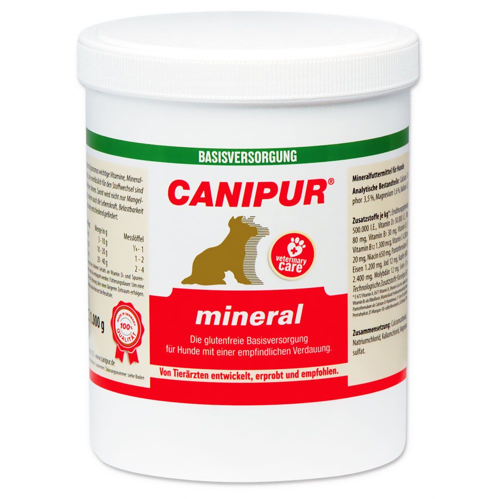 Weißer Behälter mit grünem Deckel. Aufschrift CANIPUR mineral. Enthält Informationen zur glutenfreien Basisversorgung für Hunde.