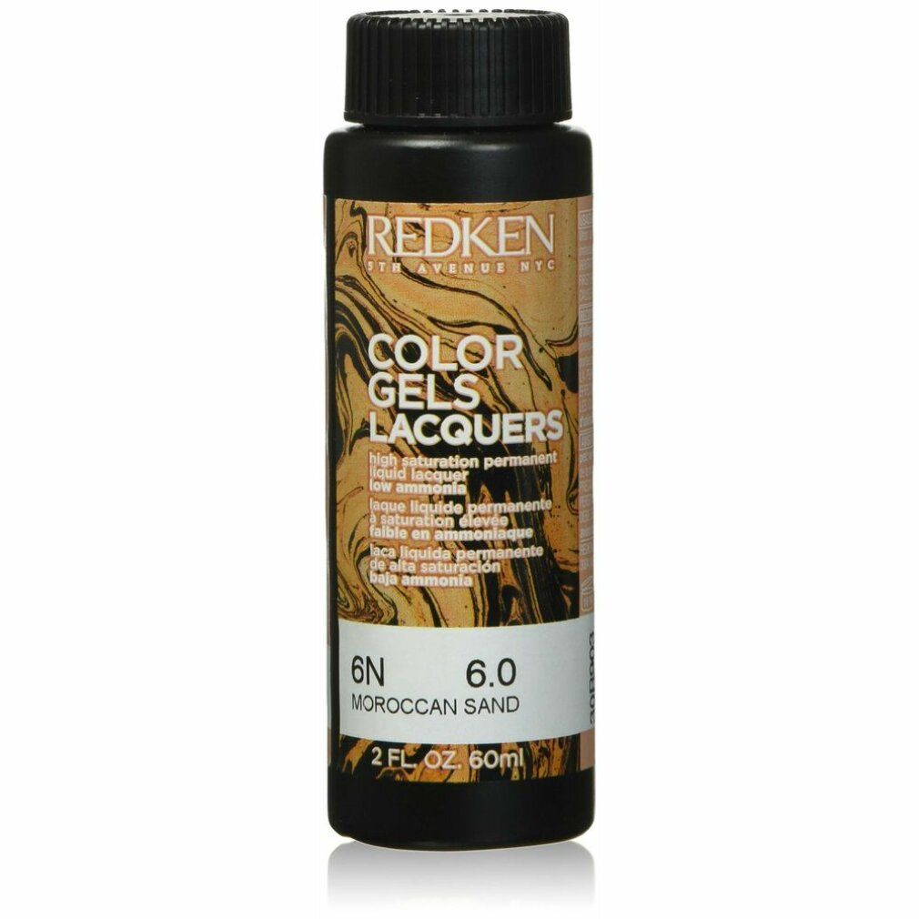 Farbgel-Fläschchen mit schwarzem Deckel. Aufschrift: REDKEN, COLOR GELS LACQUERS. Farbton: 6N Moroccan Sand. 2 FL. OZ. 60ml.