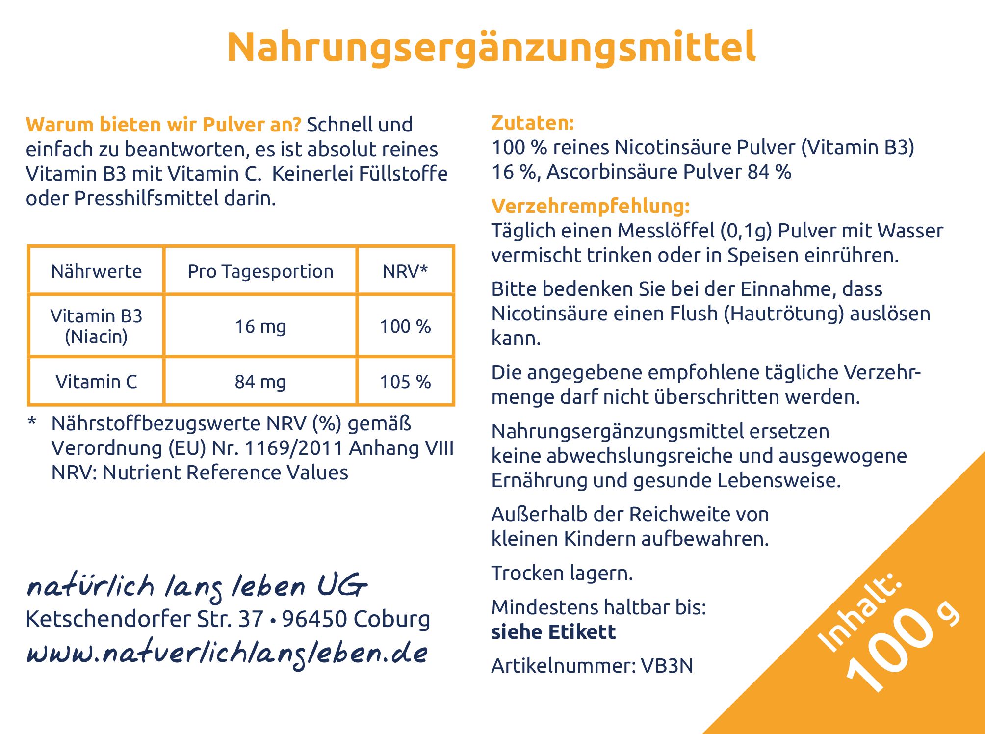Rückseite der Verpackung. Text: Nahrungsergänzungsmittel. Inhaltsangabe, Nährwerte, Verzehrempfehlung, Mindesthaltbarkeit.
