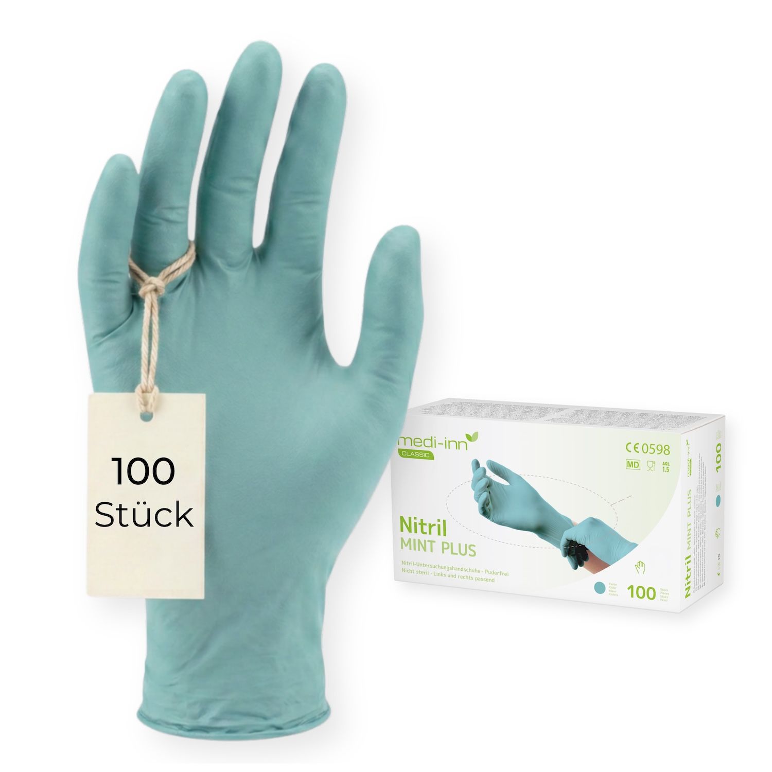 Ein blauer Nitrilhandschuh mit Etikett '100 Stück' und einer Packung Medi-Inn Nitril Mint Plus.