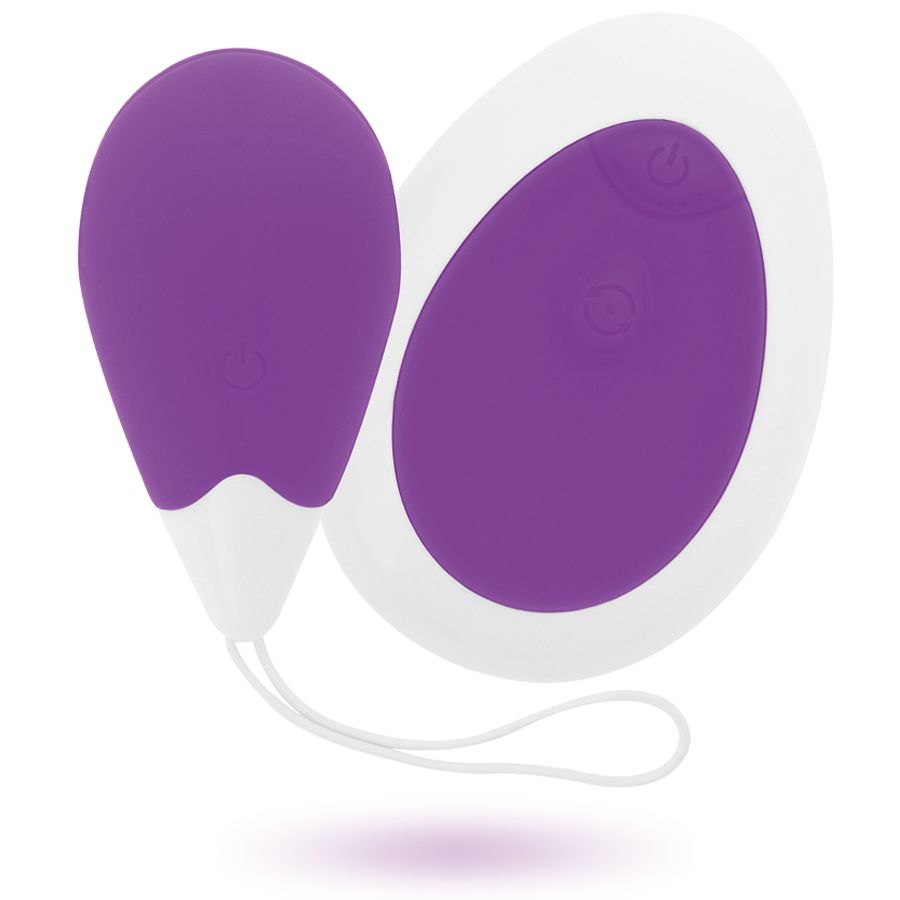 Lila Ei-förmige Vibrations-Eier mit weißer Basis und Bedienknöpfen.
