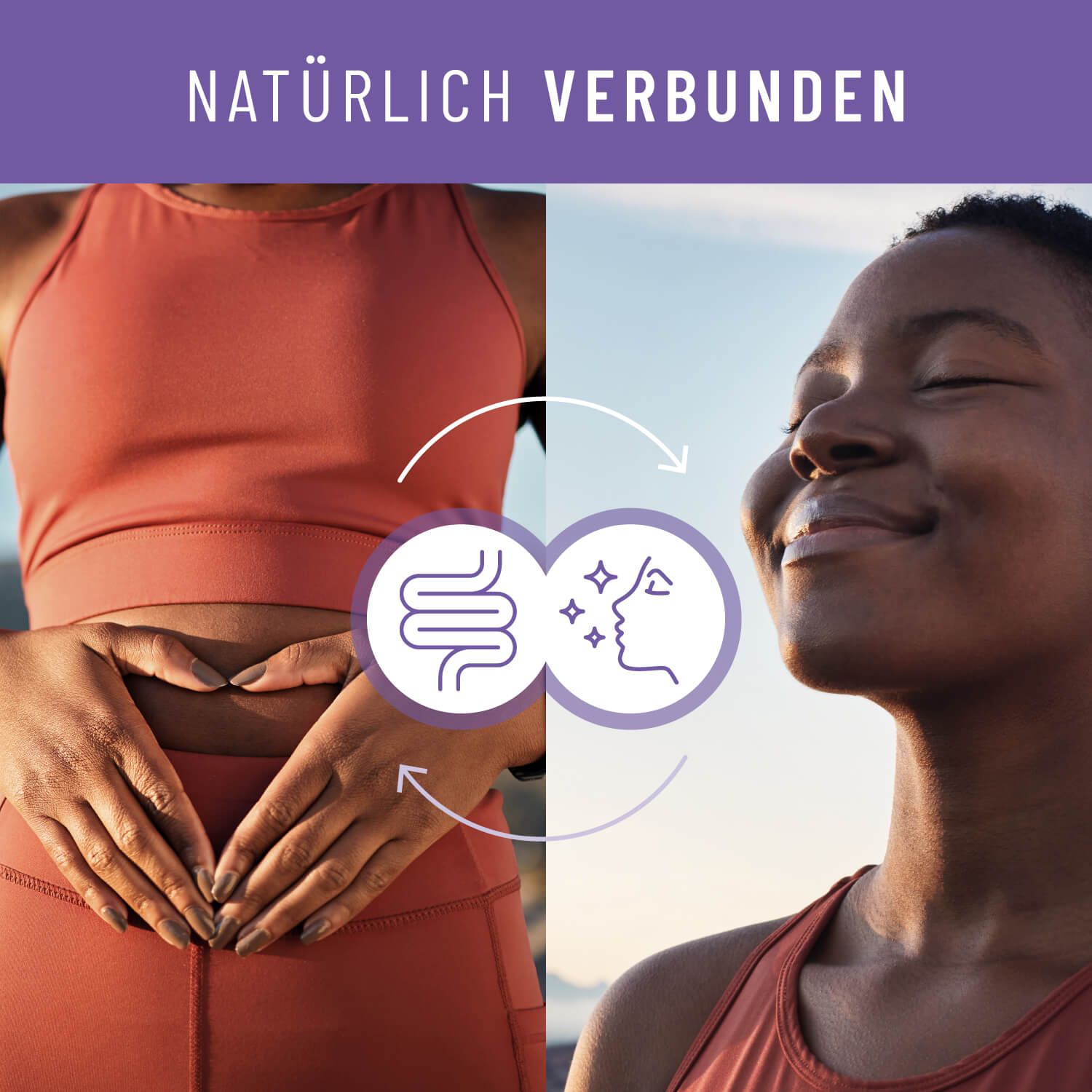 Illustration: Darm und Gesicht verbunden. Text: Natürlich verbunden.