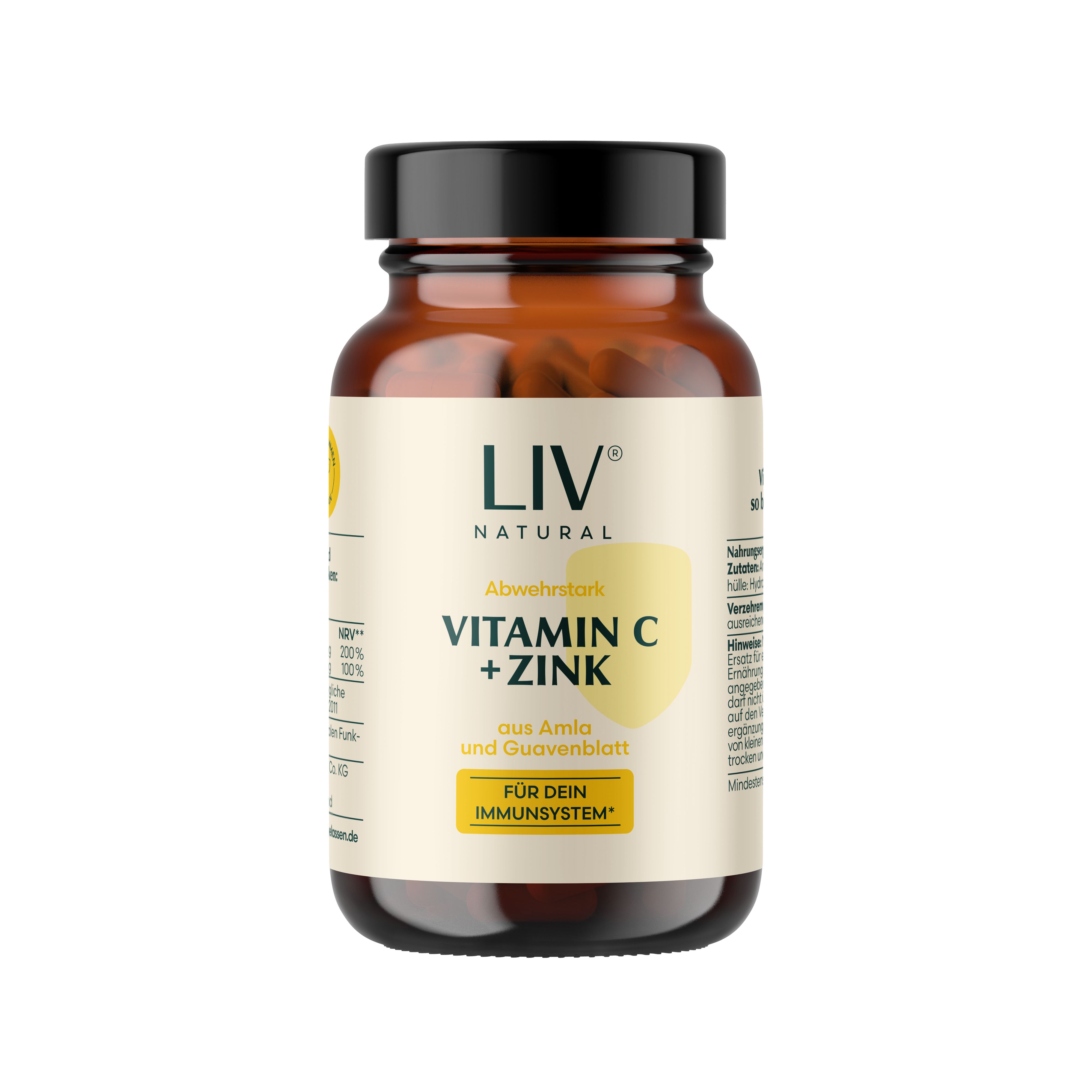 Braune Glasflasche mit LIV Vitamin C + Zink Kapseln. Aufschrift: Vitamin C + Zink, aus Amla und Guavenblatt. Kapseln sichtbar.