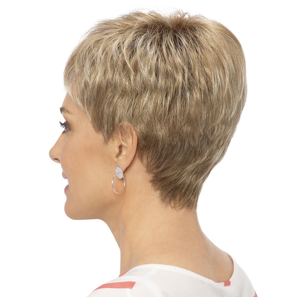 Kurzhaarperücke, blondiert. Frau mit Ohrring. Seitenansicht.