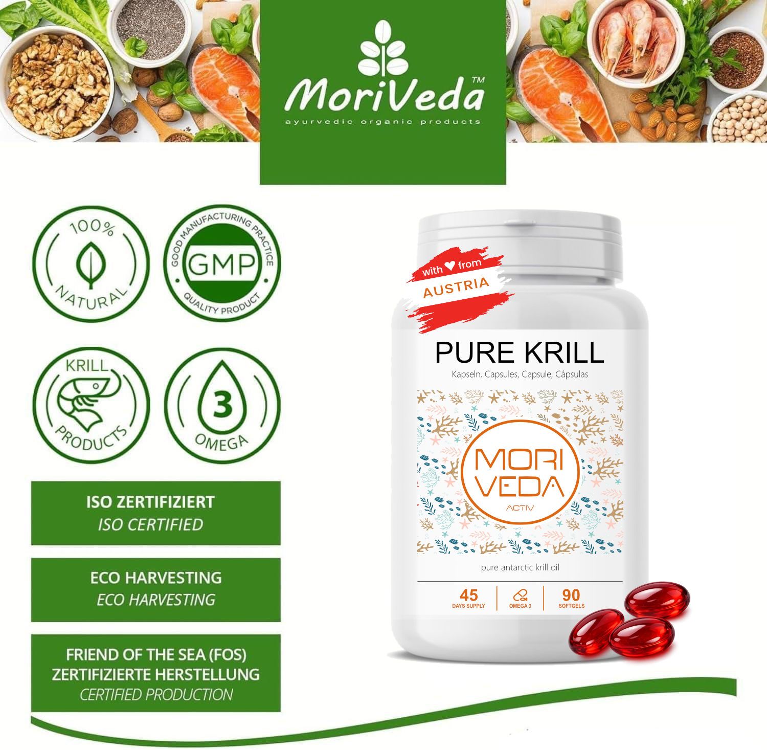 Produktflasche mit Kapseln. Aufschrift: Pure Krill, Moriveda. Logos: GMP, Krill, Omega 3, ISO. Rote Kapseln daneben.