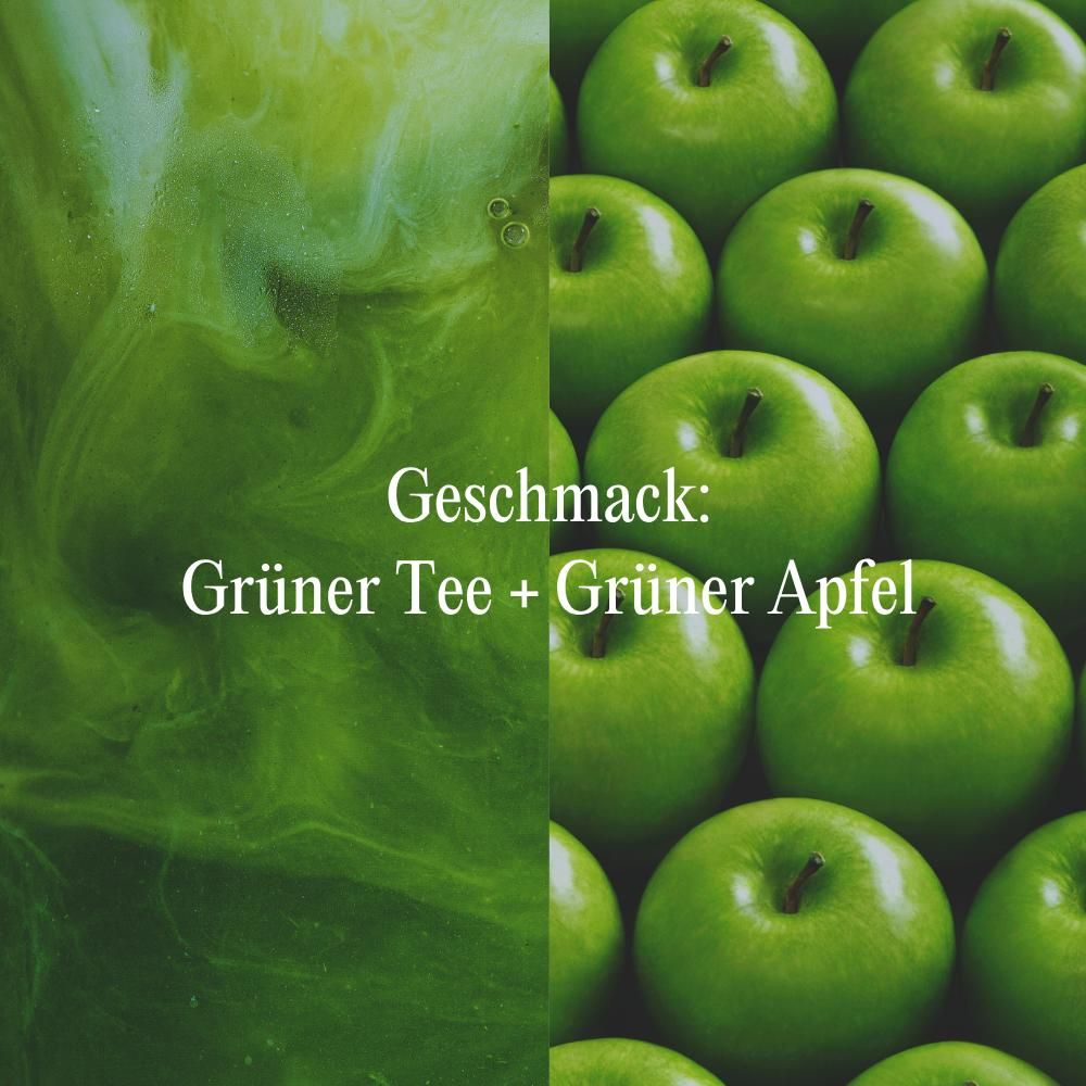 Grüner Tee und grüner Apfel. Text: Geschmack: Grüner Tee + Grüner Apfel. Bild zeigt grüne Flüssigkeit und grüne Äpfel.