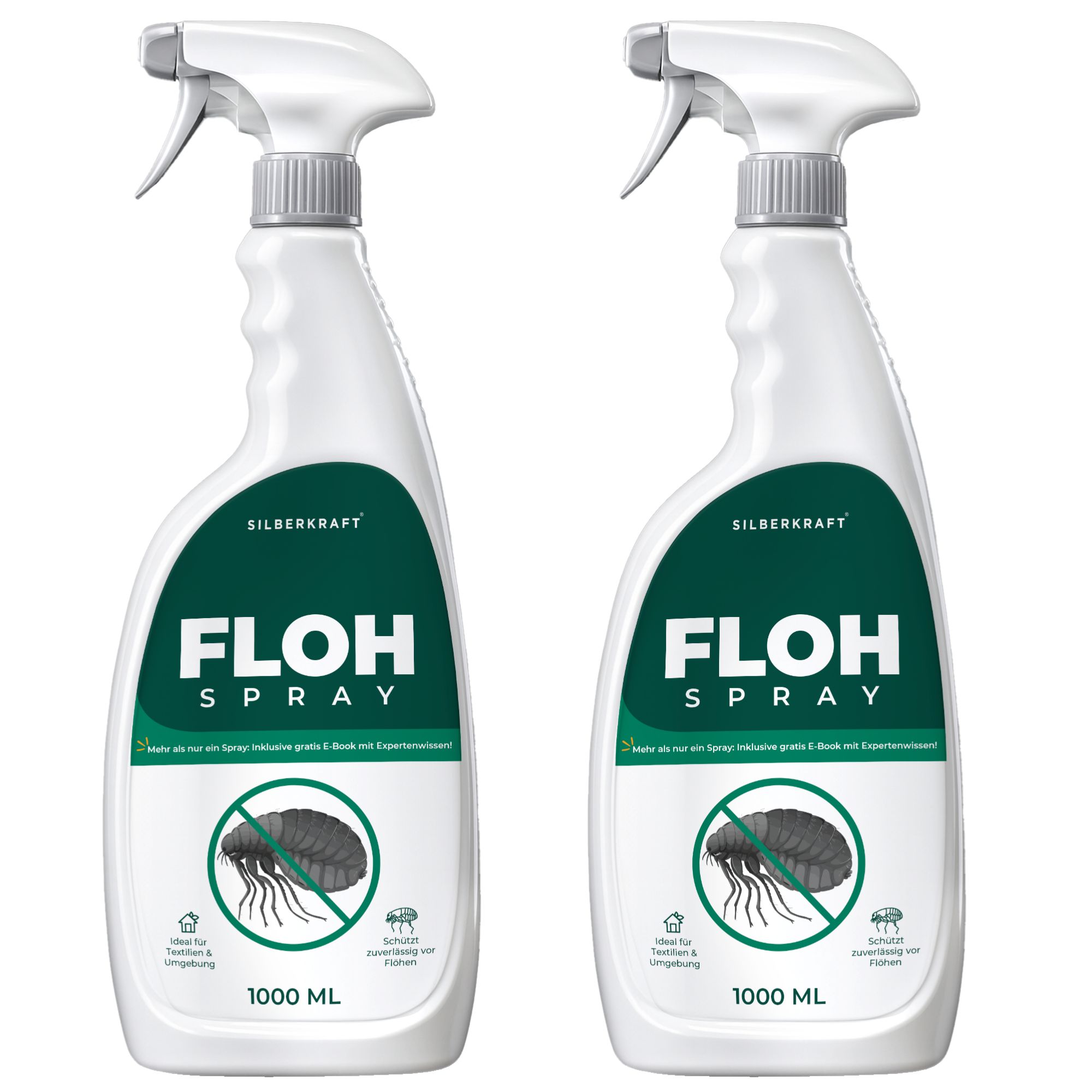 Zwei weiße Sprühflaschen SILBERKRAFT Flohspray. 1000 ml. Abbildung einer Floh.