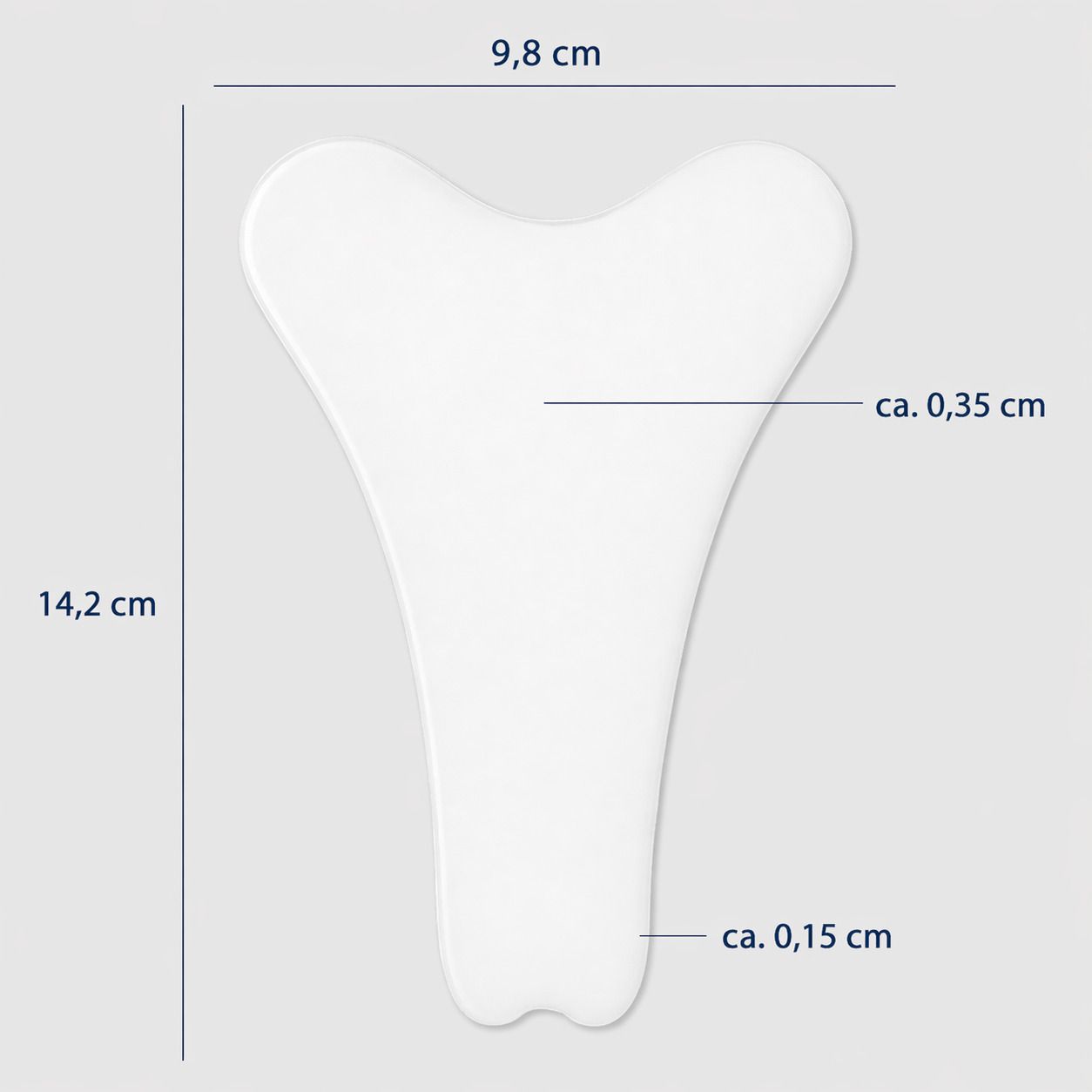 Weißes, Y-förmiges Silikon-Pad mit Maßangaben: 14,2 cm hoch, 9,8 cm breit, ca. 0,35 cm und 0,15 cm dick.