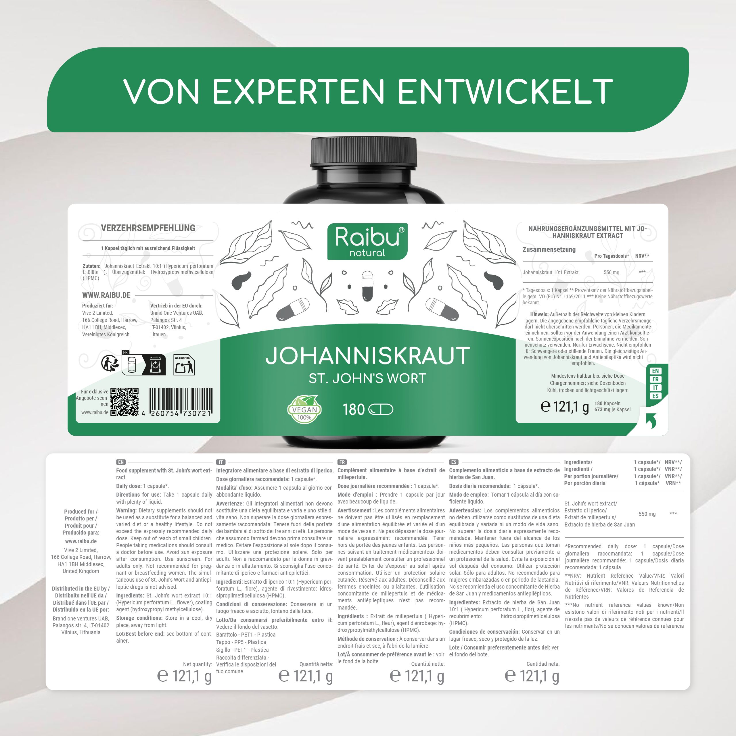 Produktetikett mit Informationen zu Johanniskraut-Kapseln. Enthält Informationen zu Inhaltsstoffen, Dosierung und Hersteller.