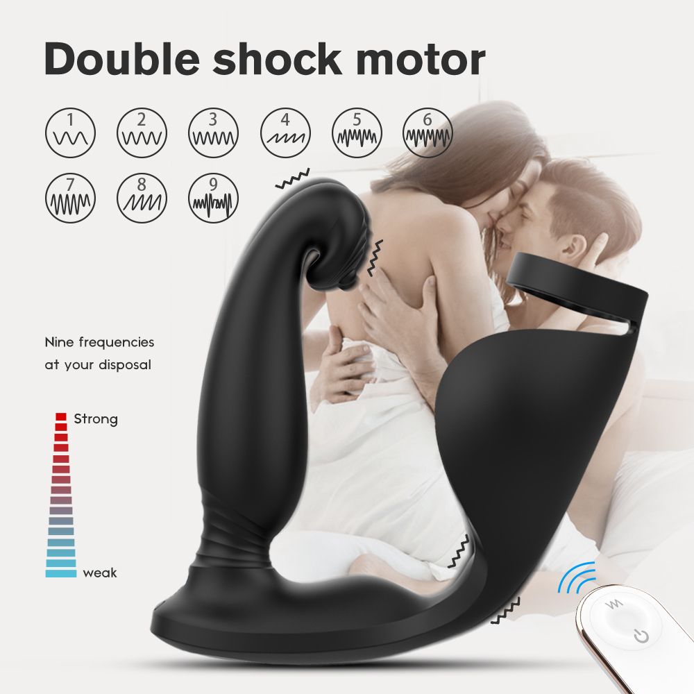 Wellness-Produkt mit Text 'Double shock motor' und Frequenzanzeige. Paar im Hintergrund.