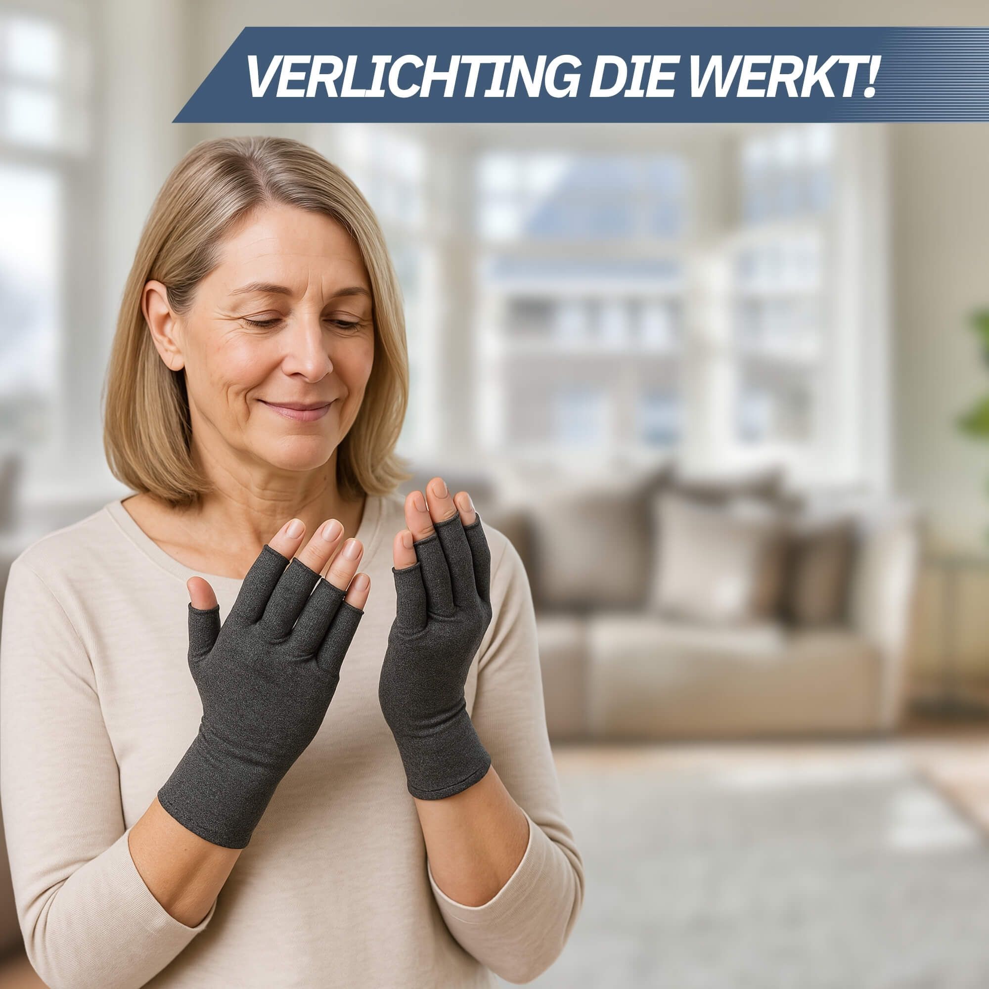 Mann mit fingerlosen Handschuhen, die Schmerzlinderung und bessere Durchblutung bieten.