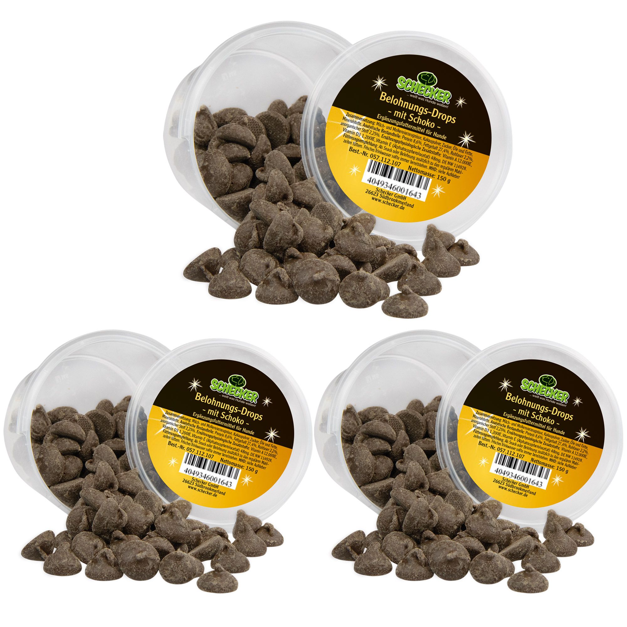 Drei Behälter mit braunen Hundesnacks. Deckel mit Aufschrift: Schecker Belohnungs-Drops - mit Schoko.