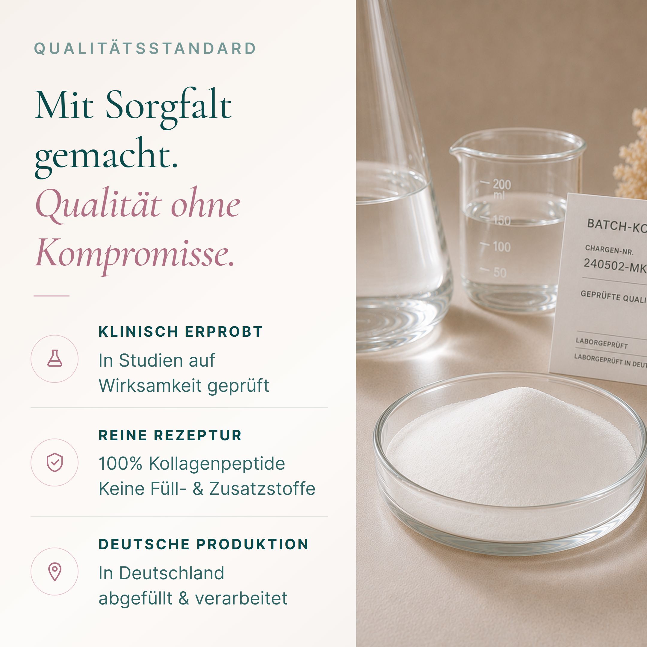 Laborgeräte und ein Schälchen mit weißem Pulver, das Qualität und Forschung symbolisiert.