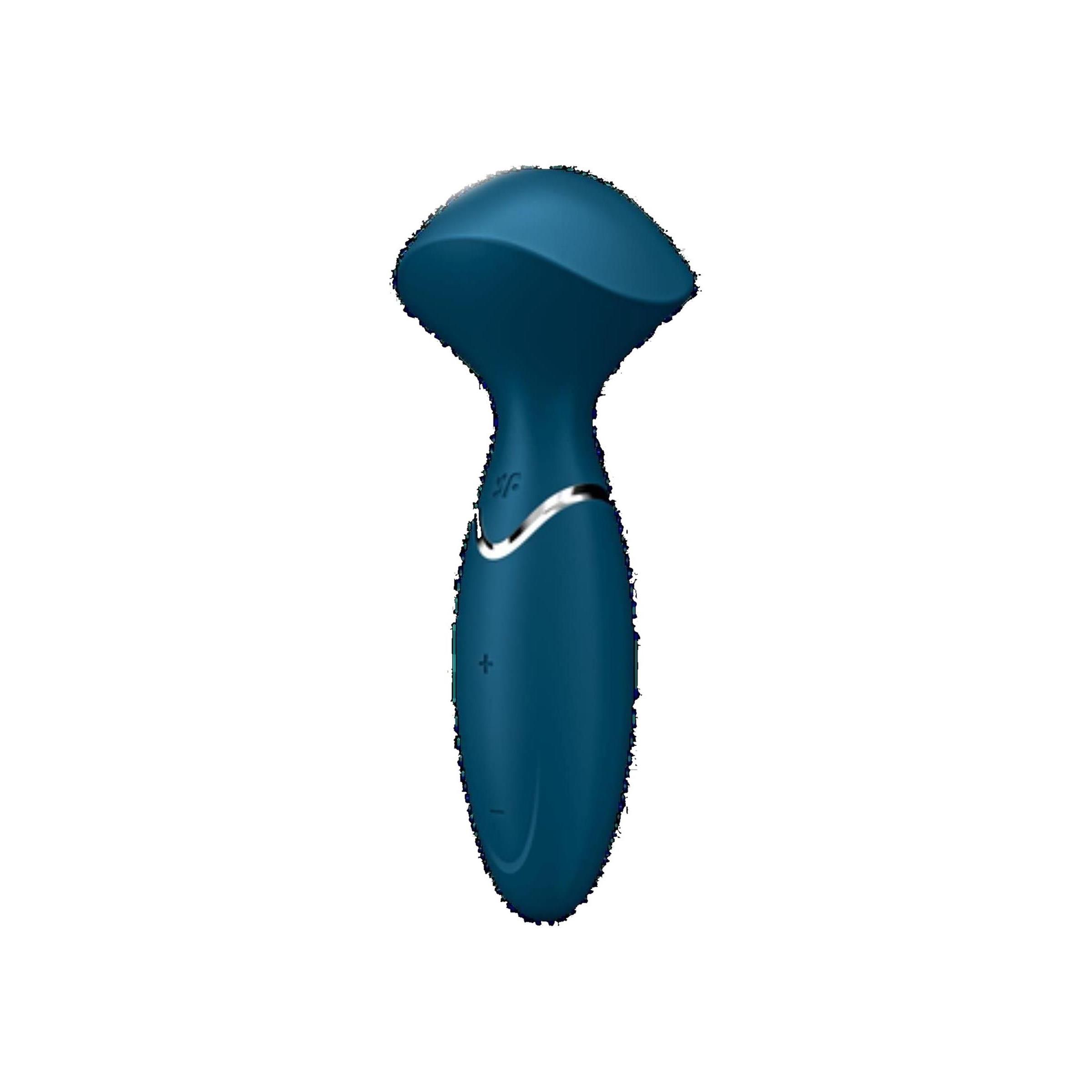 Blauer Wand-er Masturbator. Tropfenförmiger Kopf, länglicher Griff mit silbernem Akzent.