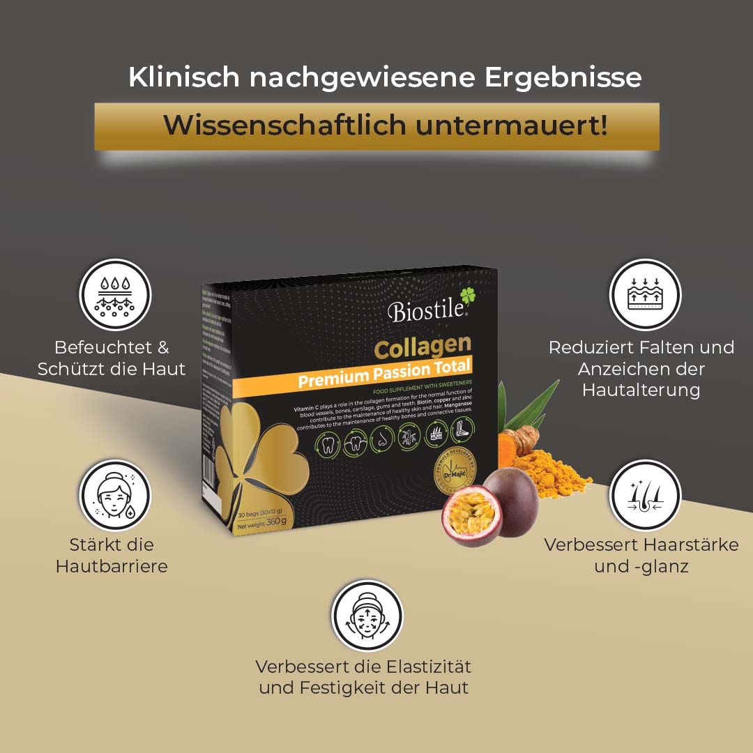 Produktverpackung "Biostile Collagen Premium Passion Total" mit Illustrationen. Passionsfrucht und Text: Klinisch nachgewiesene Ergebnisse.