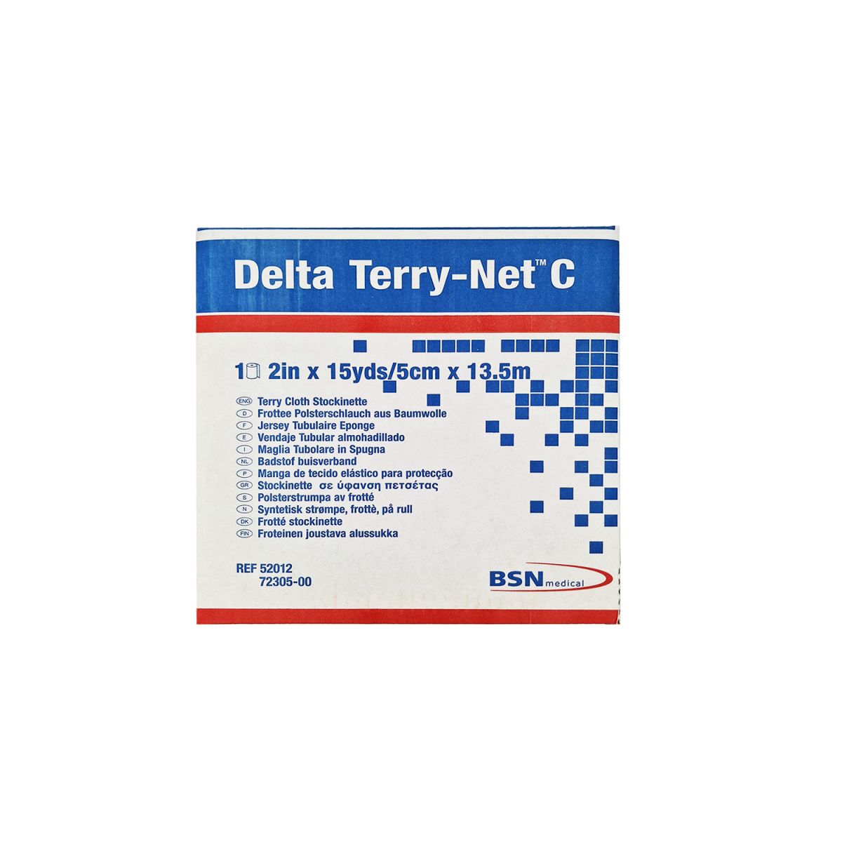 Verpackung von Delta Terry-Net C. Blaue und weiße Schrift. Enthält Text in mehreren Sprachen. Abmessungen: 2in x 15yds/5cm x 13,5m.