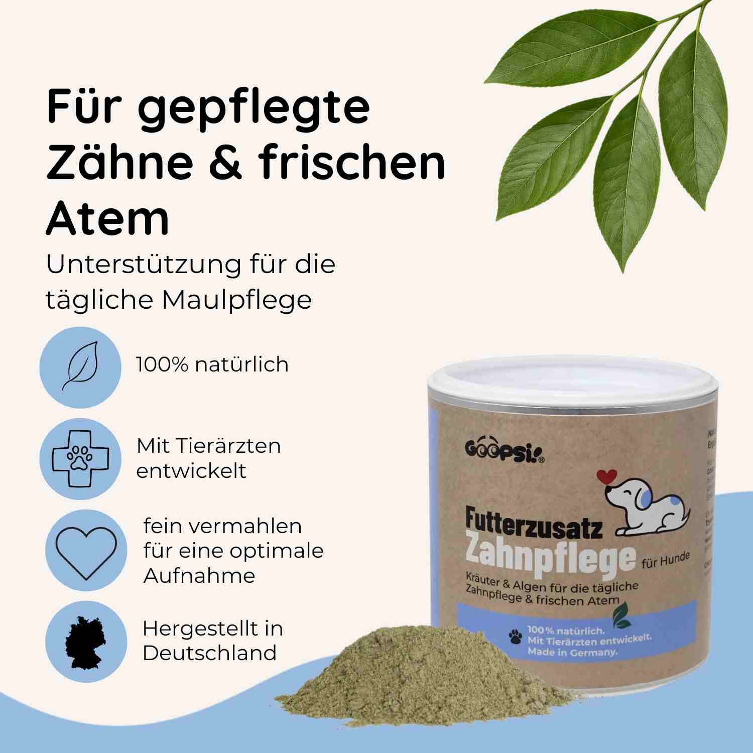 Hunde-Futterzusatz Zahnpflege: Für gepflegte Zähne & frischen Atem. Unterstützung für die tägliche Maulpflege. 100% natürlich, mit Tierärzten entwickelt.