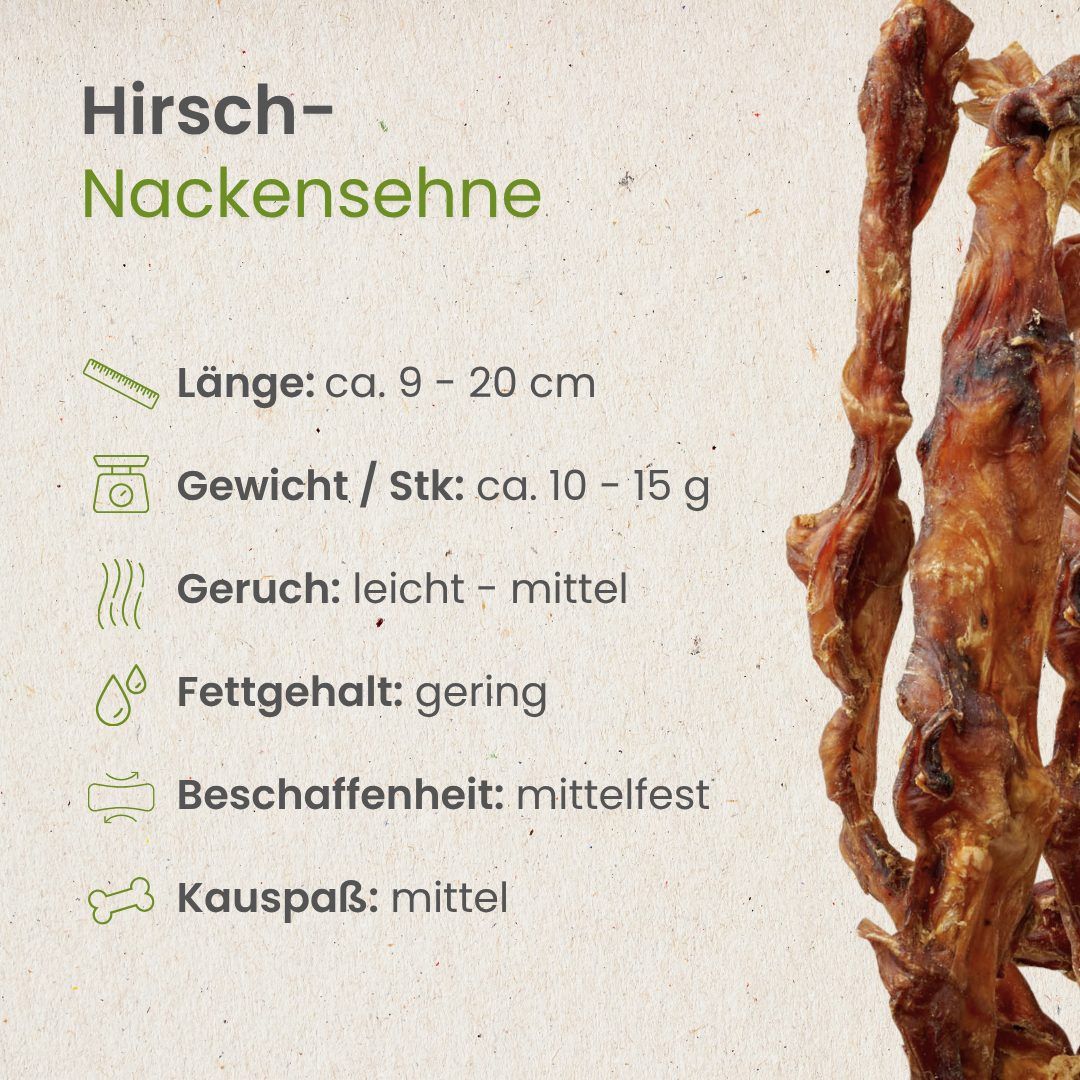 Fünf getrocknete, verdrehte Hirsch-Nackensehnen auf weißem Hintergrund.