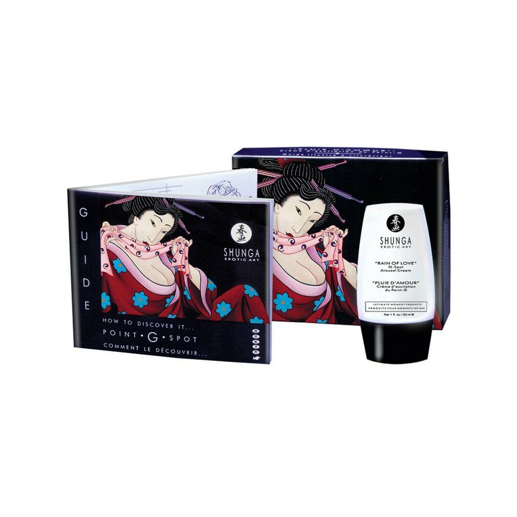 Produkt, Verpackung und Broschüre. Schwarze Schachtel mit Geisha-Illustration. Tube mit Produktbezeichnung.