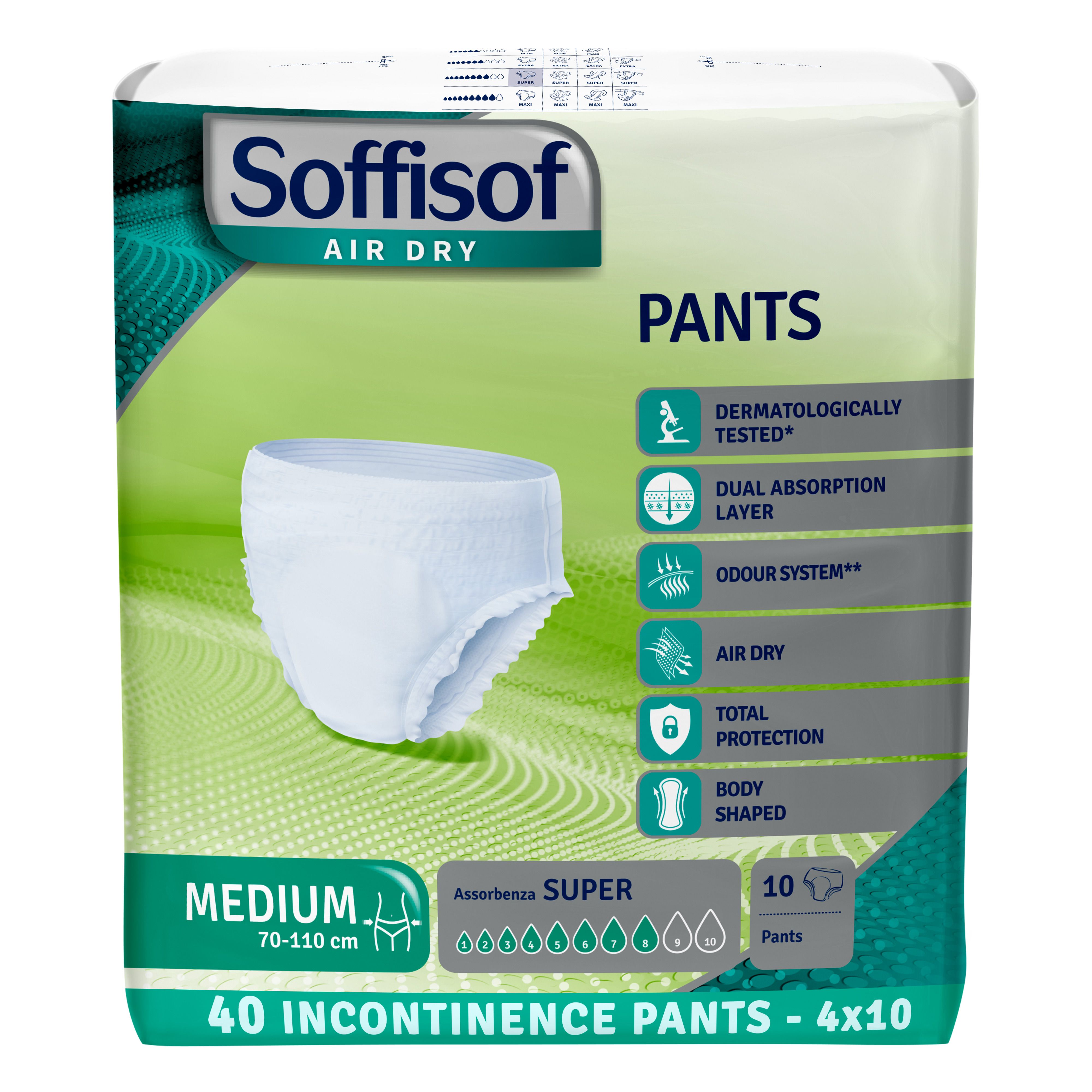 Soffisof Air Dry Pants. Medium, 70-110 cm. 10 stuks. Incontinentieluiers. Dermatologisch getest.
