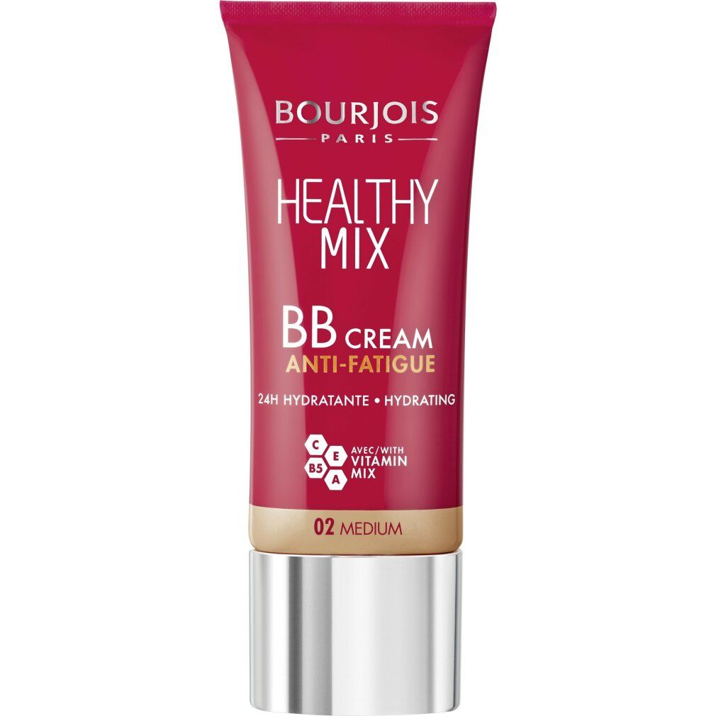 Rote Tube Bourjois Healthy Mix BB Cream 02 Medium. Text: Healthy Mix, BB Cream Anti-Fatigue, 24H Hydratante + Hydrating.