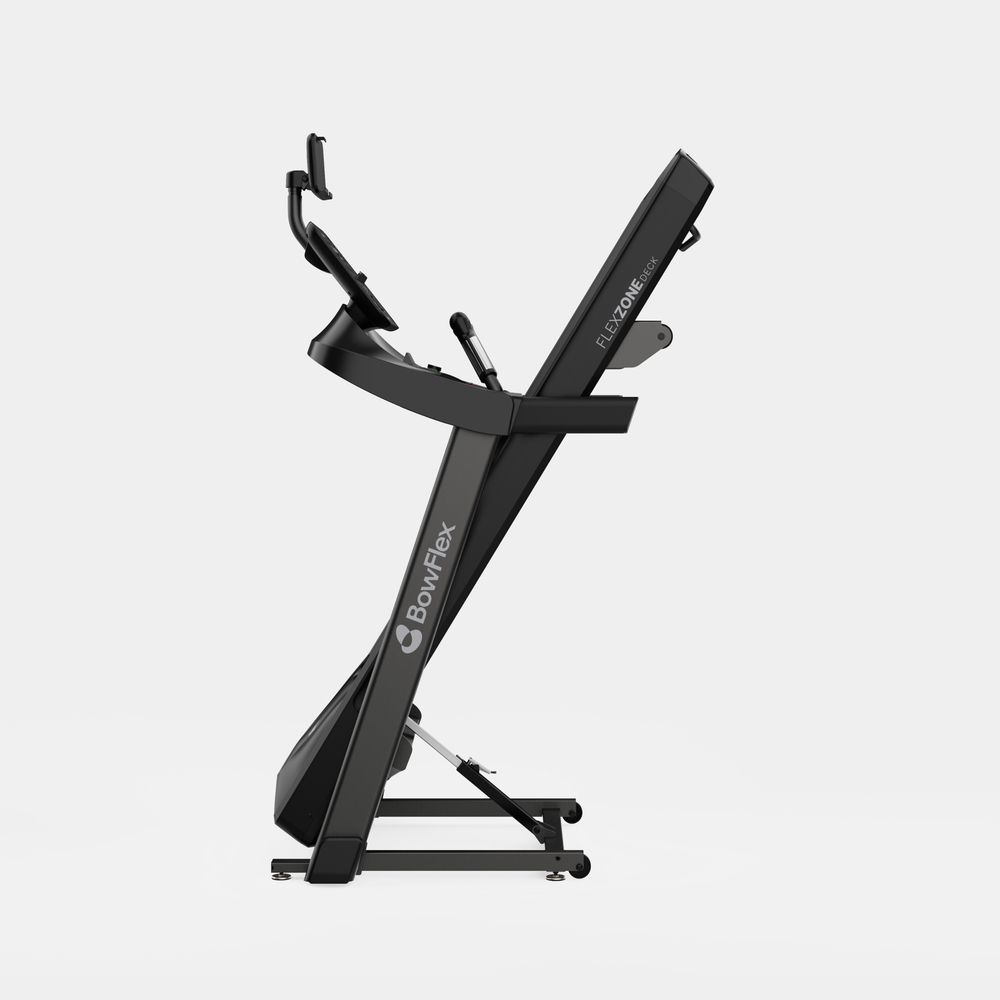 Schwarzes Laufband von der Seite. Flexzone-Technologie und BowFlex-Logo sichtbar.