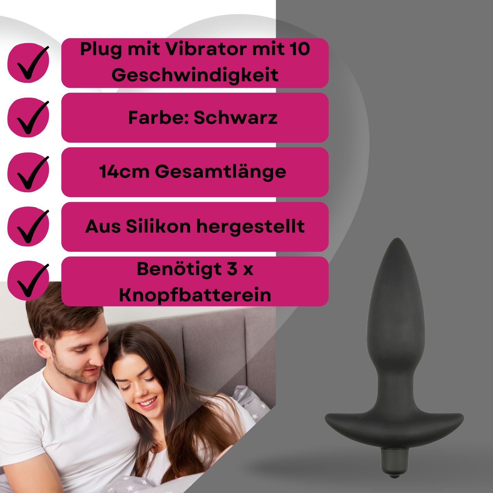 Schwarzer Analplug aus Silikon. Konische Form mit T-förmiger Basis. Text: Plug mit Vibrator, Farbe: Schwarz, 14cm Länge.
