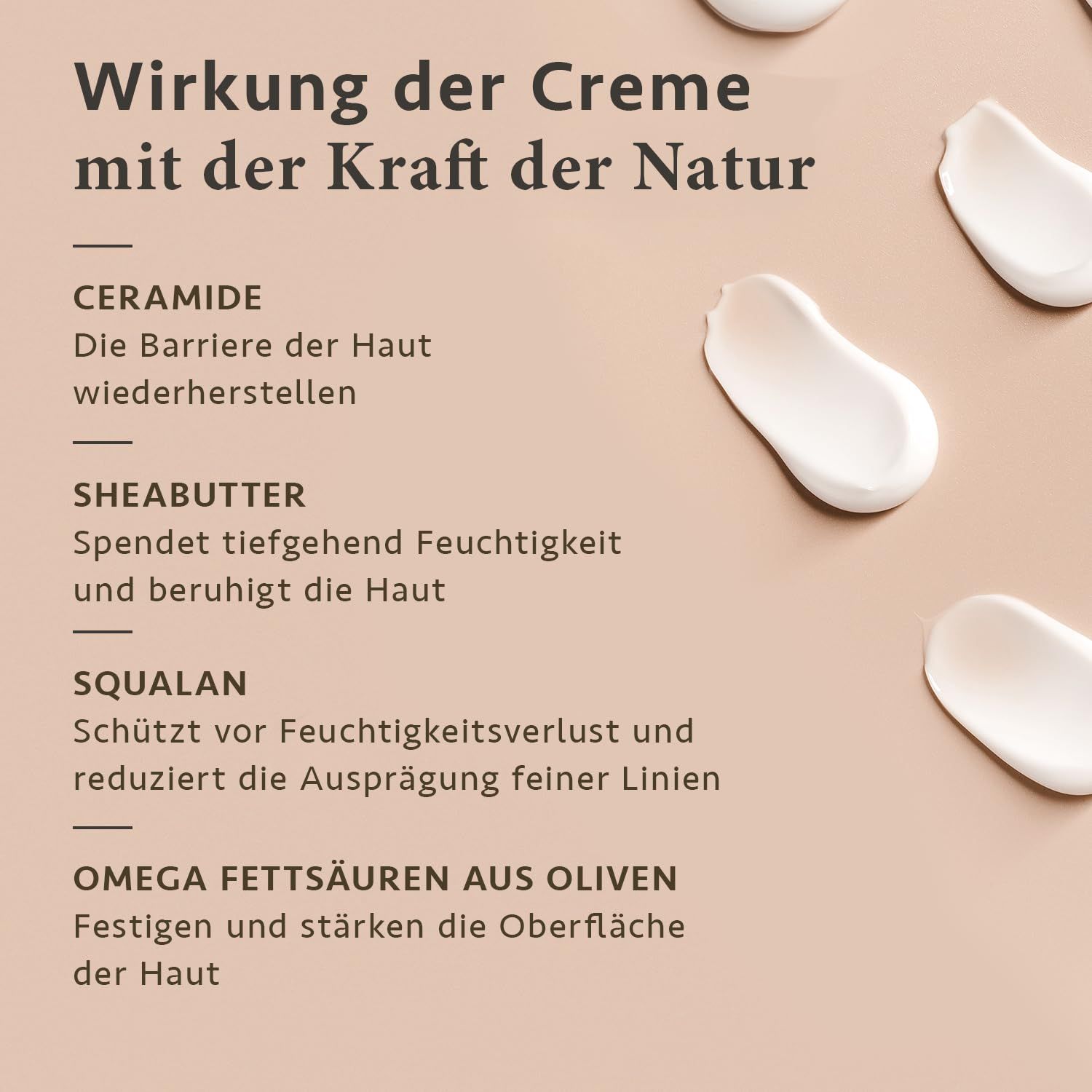 Text: Wirkung der Creme mit der Kraft der Natur. Ceramide, Sheabutter, Squalen, Omega Fettsäuren aus Oliven. Creme-Klecks.