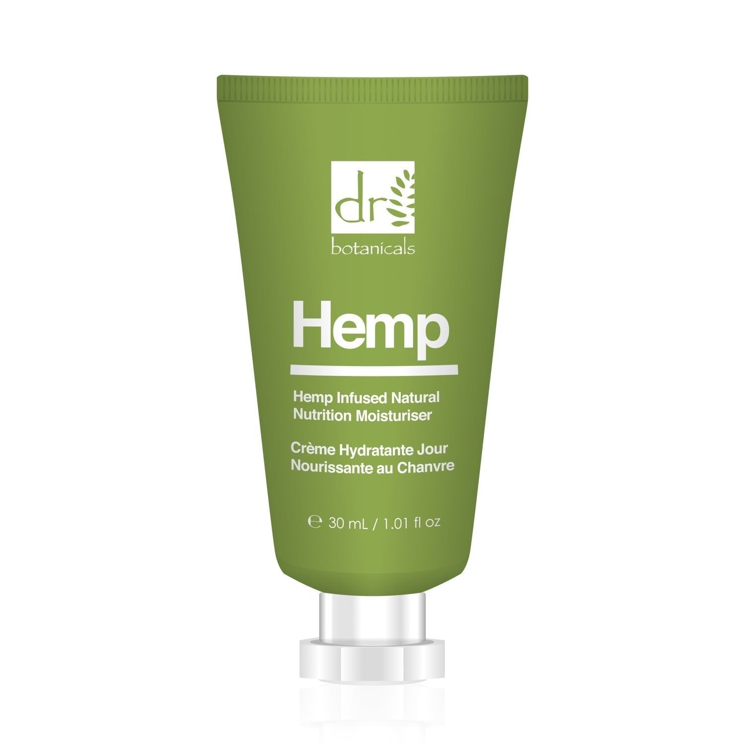 Grüne Tube mit weißem Deckel. Aufschrift: Hemp, Hemp Infused Natural Nutrition Moisturiser, 30 ml.