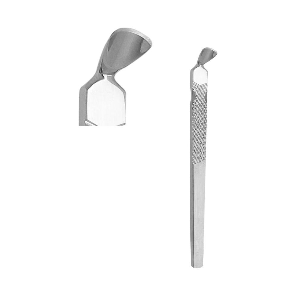 Zwei metallene Reinigungsinstrumente. Eines mit abgewinkeltem Kopf, das andere mit geriffeltem Griff und abgewinkeltem Kopf.