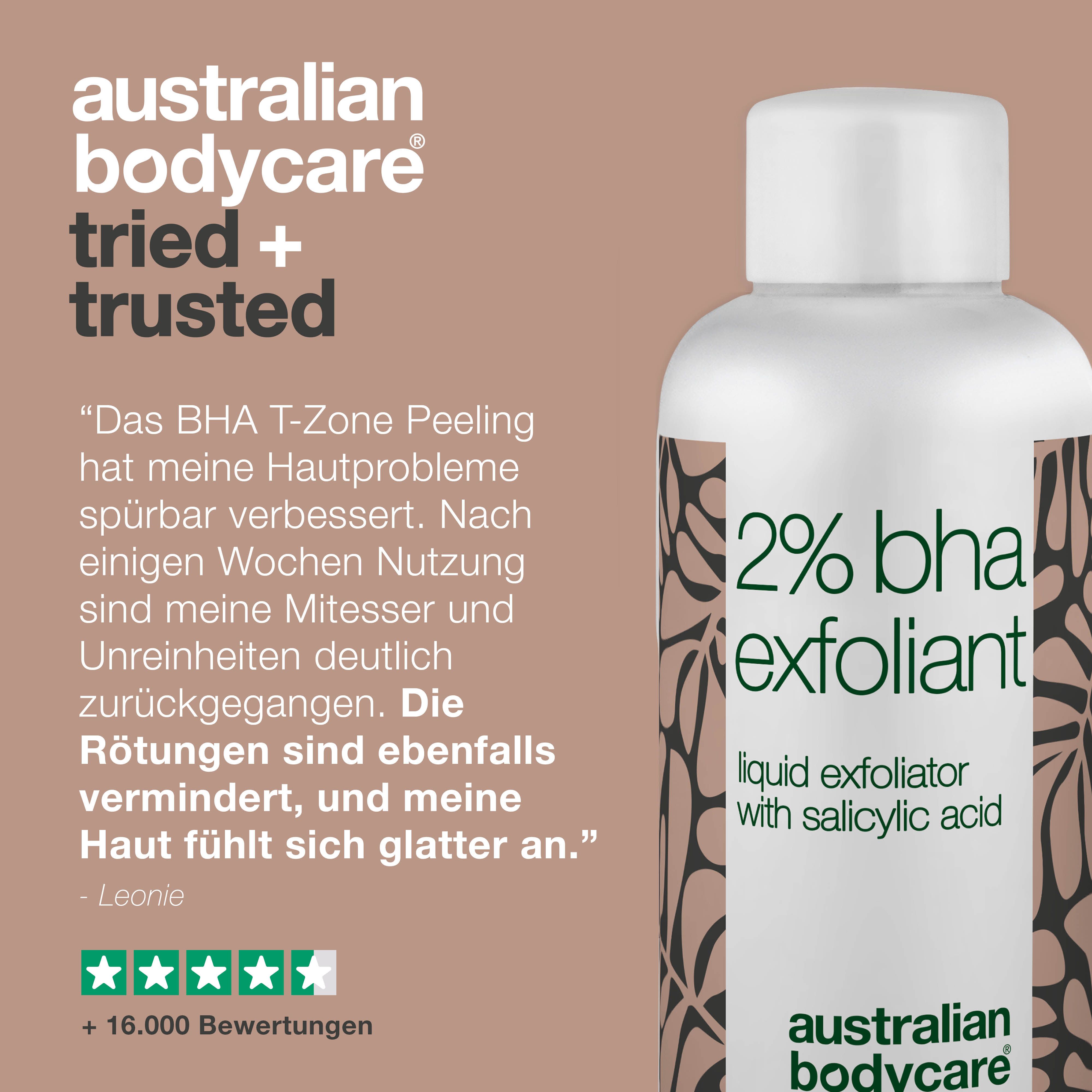 Flasche mit „2% BHA“. Text: Erfahrungsbericht, 5 Sterne Bewertung. Marke: Australian Bodycare.