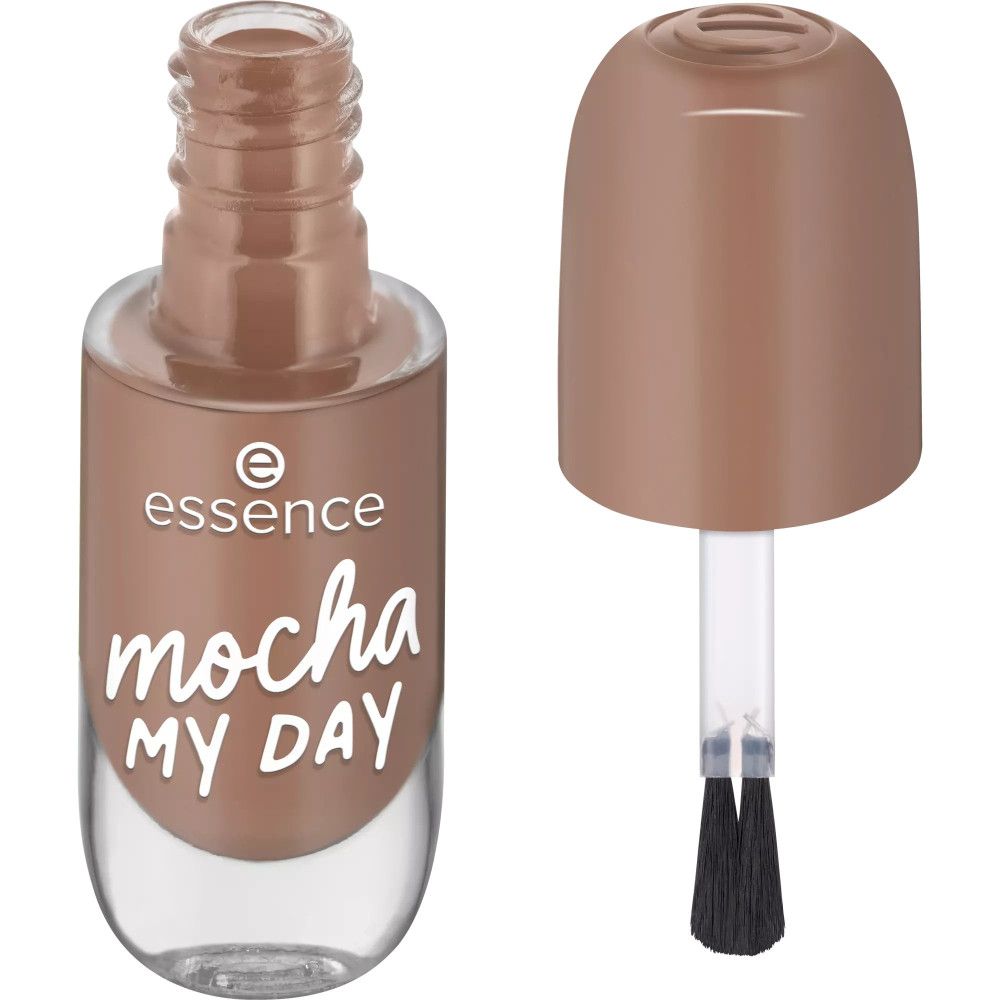 Nagellackflasche, braun, geöffnet. Pinsel sichtbar. Aufschrift: essence, mocha MY DAY. Transparente Flasche.
