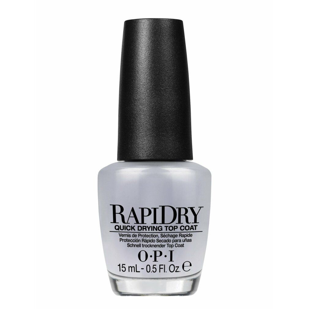 Eine Flasche OPI Rapidry Top Coat. Klarer Nagellack mit schwarzem Deckel. Aufschrift: Rapidry, OPI, 15 ml - 0.5 Fl Oz.