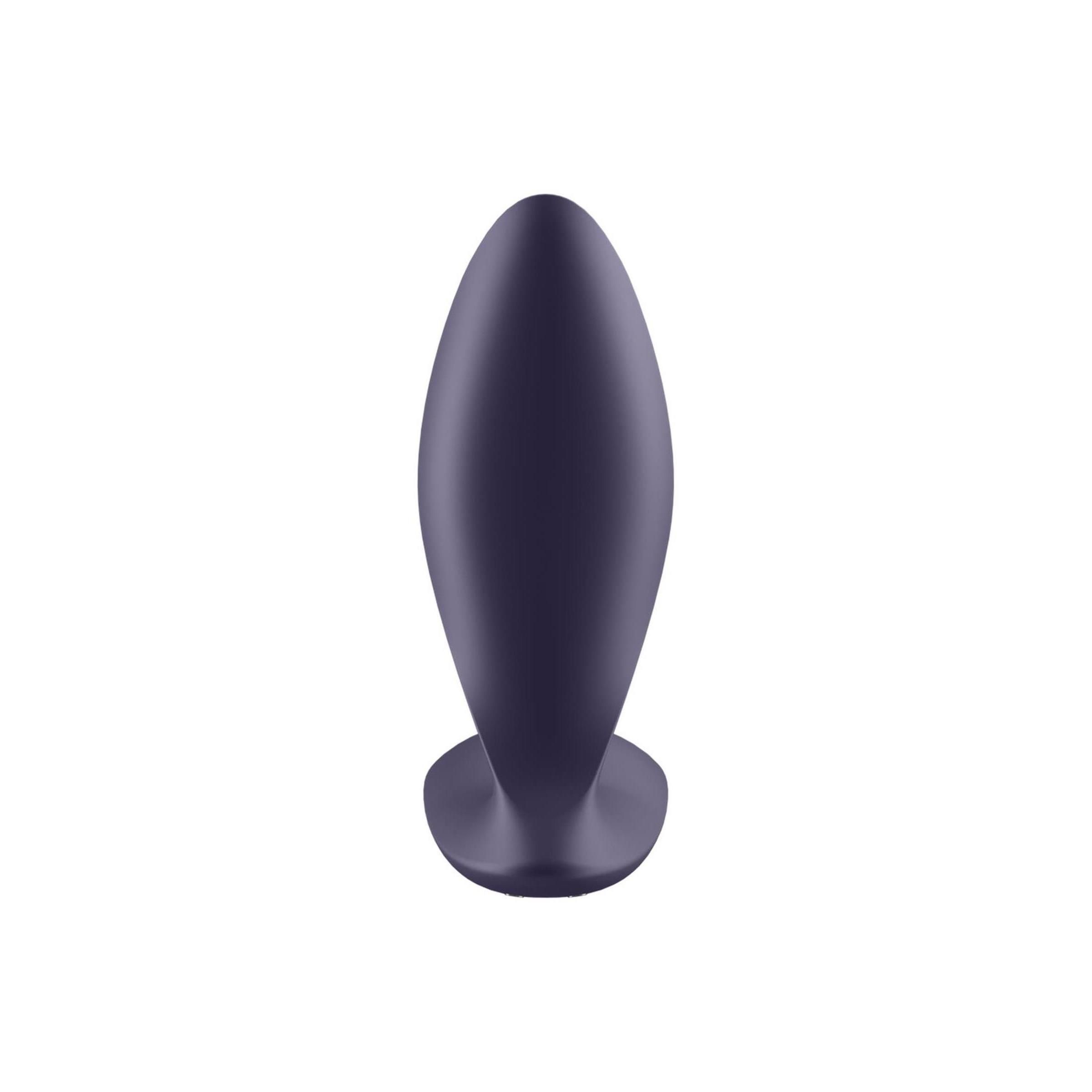 Dunkelvioletter Analvibrator. Tropfenförmiger Kopf, gebogene Form. Basis flach.