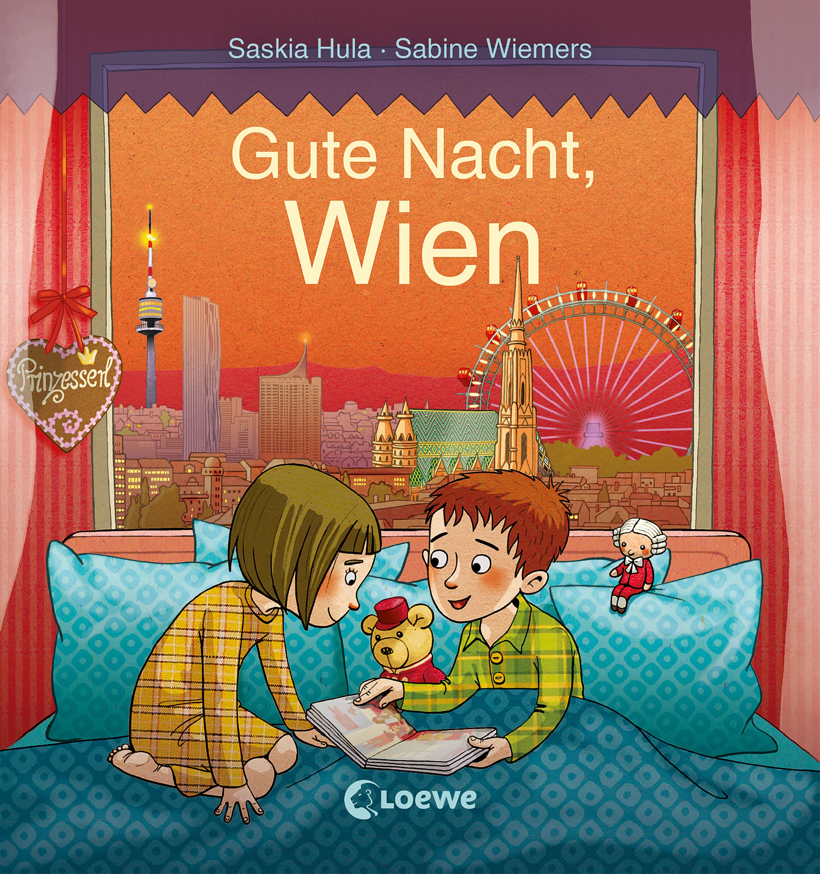 Buchcover: Titel "Gute Nacht, Wien". Zwei Kinder im Bett, Blick auf Wiener Skyline. Loewe-Verlag.