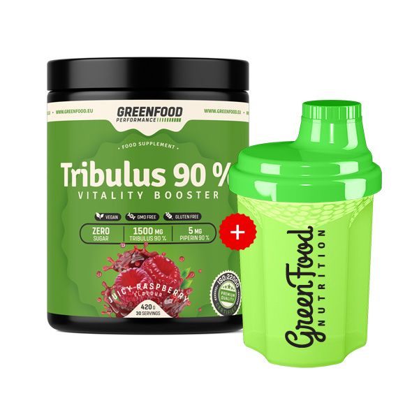 Grünes Nahrungsergänzungsmittel mit Aufschrift "Tribulus 90%" und einem grünen Shaker. Beide Produkte sind nebeneinander abgebildet.