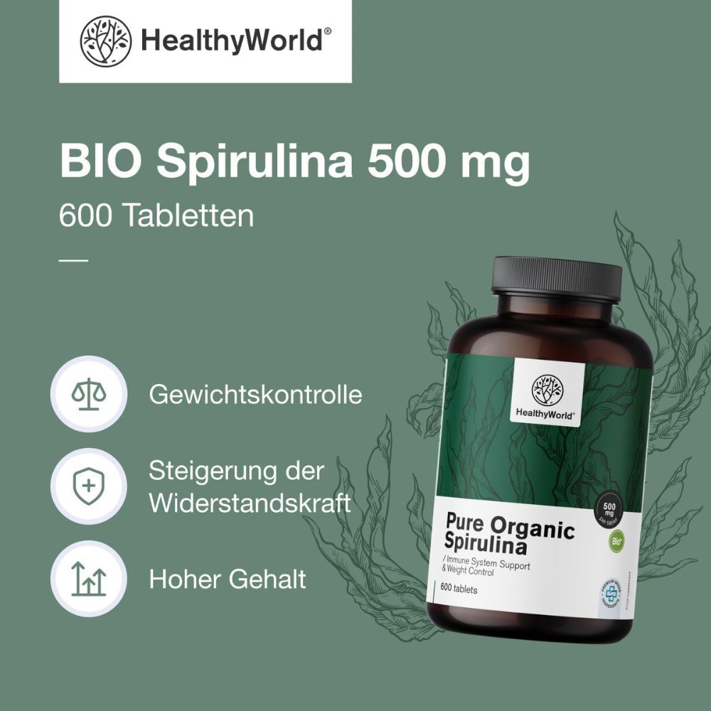 BIO Spirulina 500 mg, 600 Tabletten. Gewichtskontrolle, Widerstandskraft, hoher Gehalt.