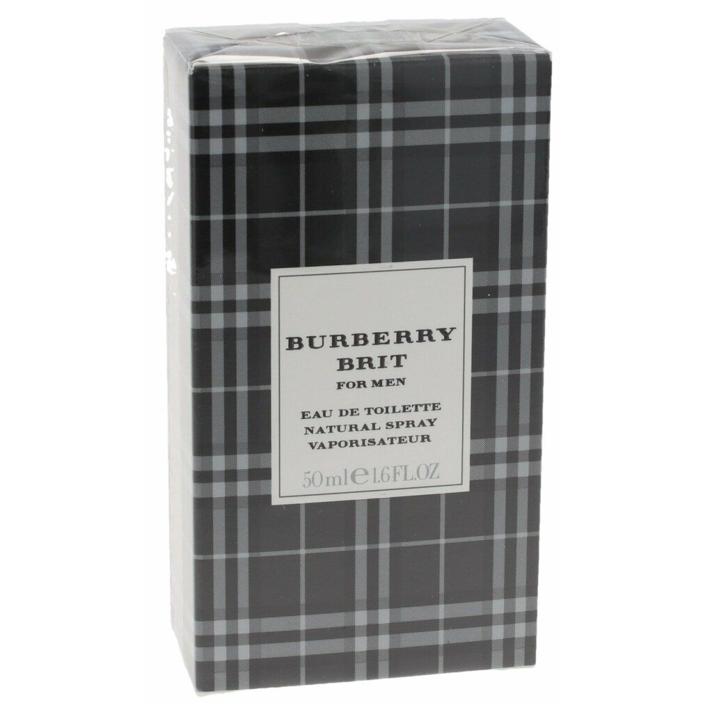 Verpackung Burberry Brit. Schwarzes Karomuster. Textfeld mit Produktinformationen.