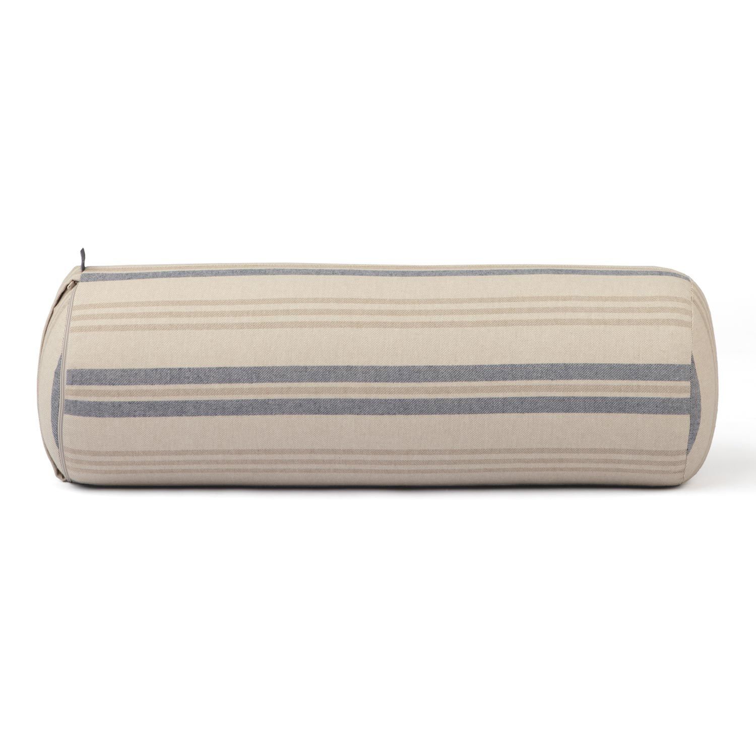 Zylinderförmiges Kissen mit Streifenmuster in Beige und Blau.