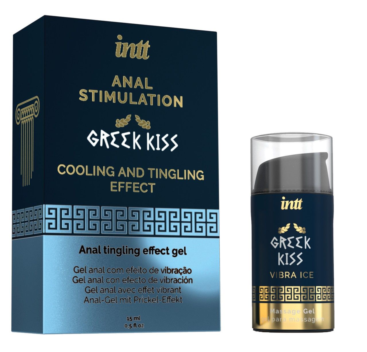 Verpackung und Flasche des INTT Greek Kiss Gels mit kühlendem und prickelndem Effekt.