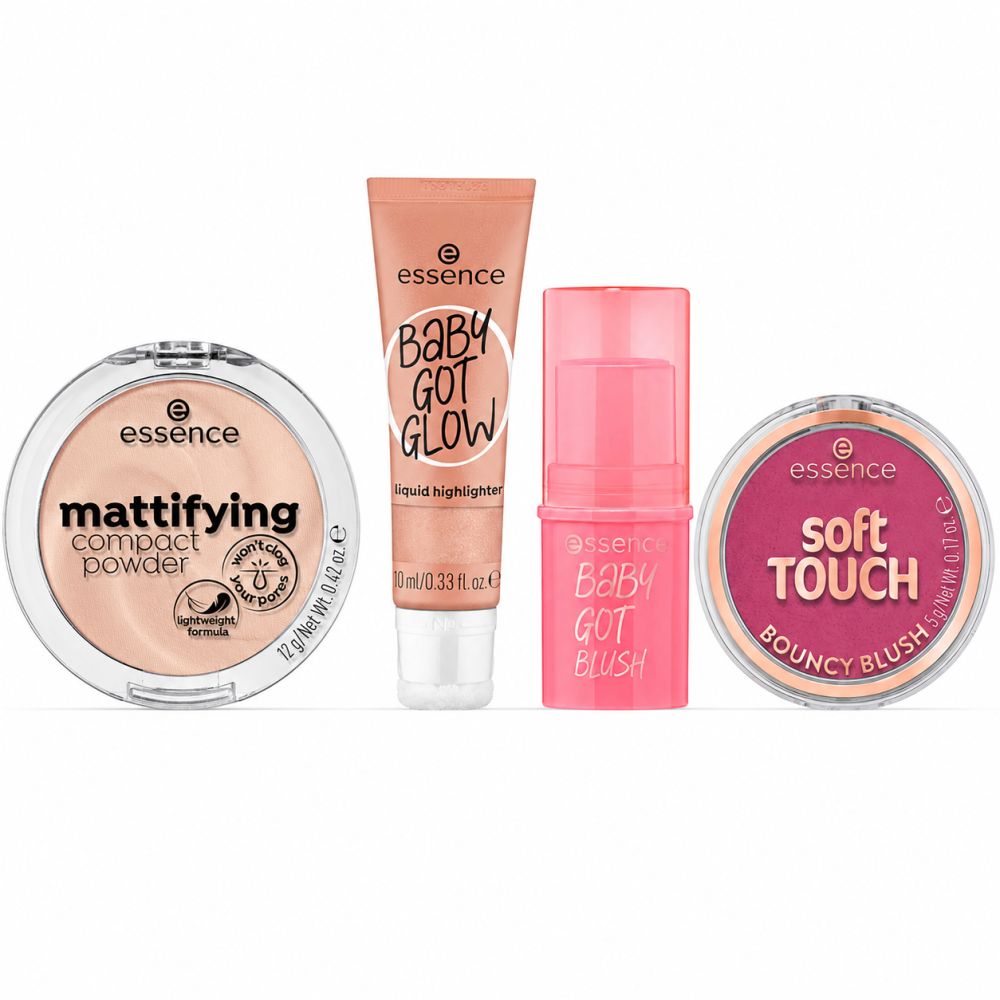 Essence - Strahlendes Wangen- & Teint-Set – Rouge + Wangenstift Highlighter Puder 4 Pc