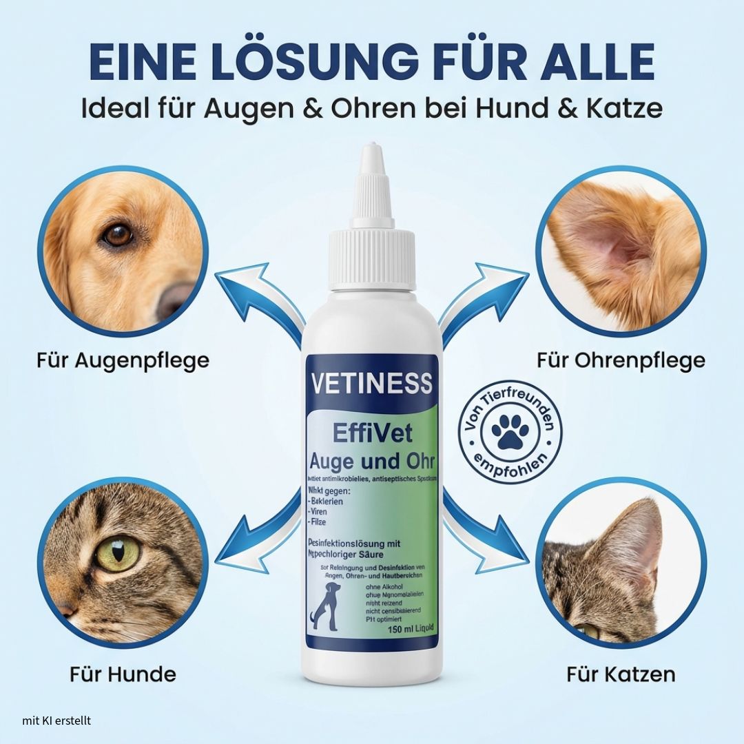 Weiße Flasche mit grünem Etikett. Text: Vetiness EffiVet Auge & Ohr. Für Augen- und Ohrenpflege bei Hunden und Katzen. Tierfreundlich.